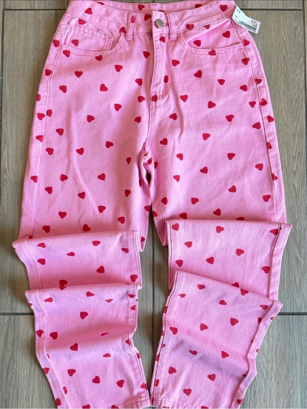 SHEIN Pink Jeans with Red Heart Print